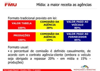 Mídia: a maior receita as agências


      Formato tradicional previsto em lei:
                                                       COMISSÃO DA   VALOR PAGO AO
            VALOR TABELA
                                                         AGÊNCIA        VEÍCULO
                     100%                                  20%            80%

                                                       COMISSÃO DA   VALOR PAGO AO
              PRODUÇÕES
                                                         AGÊNCIA      FORNECEDOR
                     100%                                  15%           85%


      Formato usual:
      • o percentual de comissão é definido casualmente, de
      acordo com o contrato agência-cliente (embora o veículo
      seja obrigado a repassar 20% - em mídia e 15% -
      produções)

Prof. Douglas Miquelof – Disciplina: Mídia – 2° semestre
 