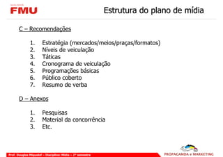 Estrutura do plano de mídia

       C – Recomendações

              1.       Estratégia (mercados/meios/praças/formatos)
              2.       Níveis de veiculação
              3.       Táticas
              4.       Cronograma de veiculação
              5.       Programações básicas
              6.       Público coberto
              7.       Resumo de verba

       D – Anexos

              1.       Pesquisas
              2.       Material da concorrência
              3.       Etc.



Prof. Douglas Miquelof – Disciplina: Mídia – 2° semestre
 