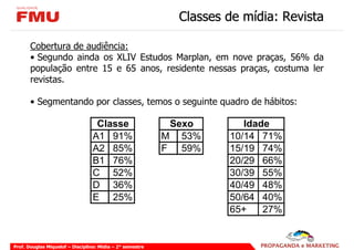 Classes de mídia: Revista

       Cobertura de audiência:
       • Segundo ainda os XLIV Estudos Marplan, em nove praças, 56% da
       população entre 15 e 65 anos, residente nessas praças, costuma ler
       revistas.

       • Segmentando por classes, temos o seguinte quadro de hábitos:

                                   Classe                   Sexo        Idade
                                  A1 91%                   M 53%     10/14 71%
                                  A2 85%                   F 59%     15/19 74%
                                  B1 76%                             20/29 66%
                                  C 52%                              30/39 55%
                                  D 36%                              40/49 48%
                                  E 25%                              50/64 40%
                                                                     65+    27%


Prof. Douglas Miquelof – Disciplina: Mídia – 2° semestre
 