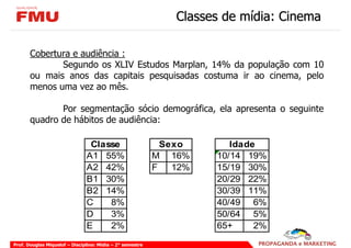 Classes de mídia: Cinema

       Cobertura e audiência :
              Segundo os XLIV Estudos Marplan, 14% da população com 10
       ou mais anos das capitais pesquisadas costuma ir ao cinema, pelo
       menos uma vez ao mês.

              Por segmentação sócio demográfica, ela apresenta o seguinte
       quadro de hábitos de audiência:

                                Classe                       Sexo       Idade
                               A1 55%                      M 16%     10/14 19%
                               A2 42%                      F   12%   15/19 30%
                               B1 30%                                20/29 22%
                               B2 14%                                30/39 11%
                               C    8%                               40/49 6%
                               D    3%                               50/64 5%
                               E    2%                               65+     2%

Prof. Douglas Miquelof – Disciplina: Mídia – 2° semestre
 