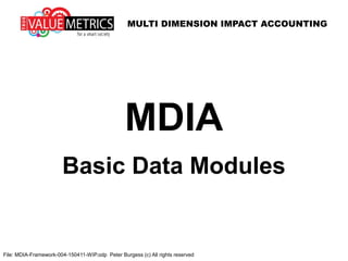MULTI DIMENSION IMPACT ACCOUNTING
File: MDIA-Framework-004-150411-WIP.odp Peter Burgess (c) All rights reserved
MDIA
Basic Data Modules
 