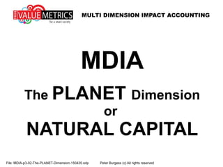 MULTI DIMENSION IMPACT ACCOUNTING
File: MDIA-p3-02-The-PLANET-Dimension-150420.odp Peter Burgess (c) All rights reserved
MDIA
The PLANET Dimension
or
NATURAL CAPITAL
 