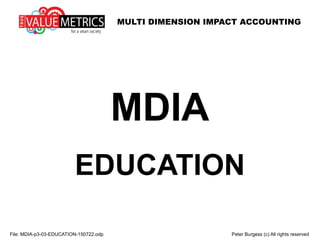 MULTI DIMENSION IMPACT ACCOUNTING
MDIA
EDUCATION
File: MDIA-p3-03-EDUCATION-150722.odp Peter Burgess (c) All rights reserved
 