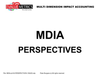 MULTI DIMENSION IMPACT ACCOUNTING
File: MDIA-p3-03-PERSPECTIVES-150420.odp Peter Burgess (c) All rights reserved
MDIA
PERSPECTIVES
 