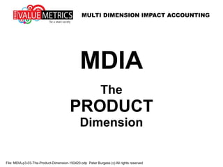 MULTI DIMENSION IMPACT ACCOUNTING
File: MDIA-p3-03-The-Product-Dimension-150420.odp Peter Burgess (c) All rights reserved
MDIA
The
PRODUCT
Dimension
 