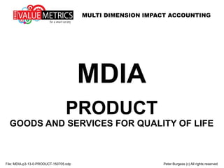 MULTI DIMENSION IMPACT ACCOUNTING
File: MDIA-p3-13-0-PRODUCT-150705.odp Peter Burgess (c) All rights reserved
MDIA
PRODUCT
GOODS AND SERVICES FOR QUALITY OF LIFE
 