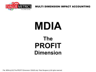 MULTI DIMENSION IMPACT ACCOUNTING
File: MDIA-p3-02-The-PROFIT-Dimension-150420.odp Peter Burgess (c) All rights reserved
MDIA
The
PROFIT
Dimension
 