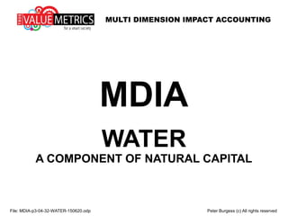 MULTI DIMENSION IMPACT ACCOUNTING
File: MDIA-p3-04-32-WATER-150620.odp Peter Burgess (c) All rights reserved
MDIA
WATER
A COMPONENT OF NATURAL CAPITAL
 