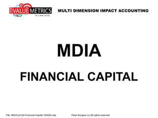 MULTI DIMENSION IMPACT ACCOUNTING
File: MDIA-p3-FINANCIAL-CAPITAL-150702-160606.odp Peter Burgess (c) All rights reserved
MDIA
FINANCIAL CAPITAL
 