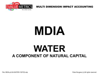 MULTI DIMENSION IMPACT ACCOUNTING
File: MDIA-p3-04-WATER-150730.odp Peter Burgess (c) All rights reserved
MDIA
WATER
A COMPONENT OF NATURAL CAPITAL
 