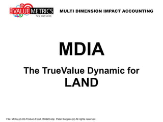 MULTI DIMENSION IMPACT ACCOUNTING
File: MDIA-p3-05-Product-Food-150420.odp Peter Burgess (c) All rights reserved
MDIA
The TrueValue Dynamic for
LAND
 