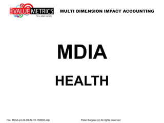 MULTI DIMENSION IMPACT ACCOUNTING
File: MDIA-p3-03-HEALTH-150605.odp Peter Burgess (c) All rights reserved
MDIA
HEALTH
 
