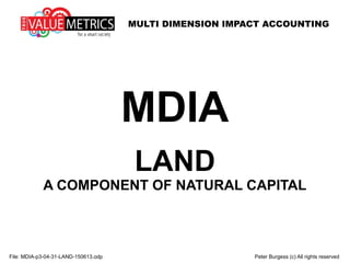 MULTI DIMENSION IMPACT ACCOUNTING
File: MDIA-p3-04-31-LAND-150613.odp Peter Burgess (c) All rights reserved
MDIA
LAND
A COMPONENT OF NATURAL CAPITAL
 