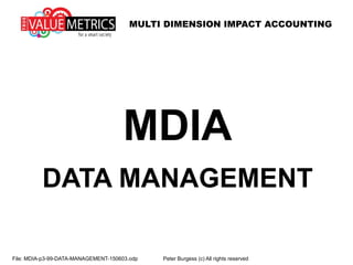 MULTI DIMENSION IMPACT ACCOUNTING
MDIA
DATA MANAGEMENT
File: MDIA-p3-99-DATA-MANAGEMENT-150603.odp Peter Burgess (c) All rights reserved
 