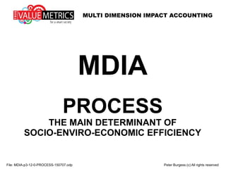 MULTI DIMENSION IMPACT ACCOUNTING
MDIA
PROCESS
THE MAIN DETERMINANT OF
SOCIO-ENVIRO-ECONOMIC EFFICIENCY
File: MDIA-p3-12-0-PROCESS-150707.odp Peter Burgess (c) All rights reserved
 