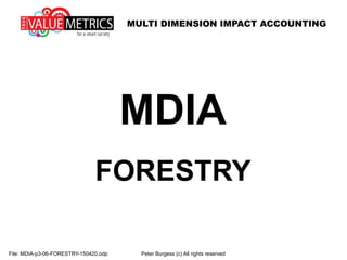 MULTI DIMENSION IMPACT ACCOUNTING
File: MDIA-p3-06-FORESTRY-150420.odp Peter Burgess (c) All rights reserved
MDIA
FORESTRY
 