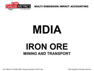 MULTI DIMENSION IMPACT ACCOUNTING
File: MDIA-p3-12-IRON-ORE-mining-and-transport-150707.odp Peter Burgess (c) All rights reserved
MDIA
IRON ORE
MINING AND TRANSPORT
 