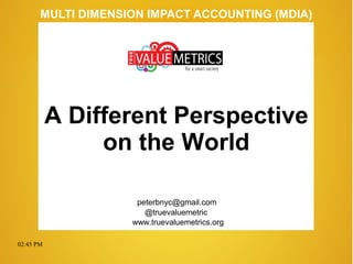02:45 PM
peterbnyc@gmail.com
www.truevaluemetrics.org
MULTI DIMENSION IMPACT ACCOUNTING (MDIA)
A Different Perspective
on the World
@truevaluemetric
 