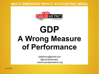 02:26 PM
peterbnyc@gmail.com
www.truevaluemetrics.org
MULTI DIMENSION IMPACT ACCOUNTING (MDIA)
GDP
A Wrong Measure
of Performance
@truevaluemetric
 