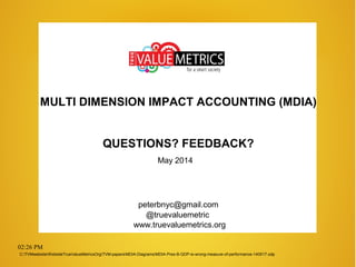 02:26 PM
MULTI DIMENSION IMPACT ACCOUNTING (MDIA)
May 2014
QUESTIONS? FEEDBACK?
peterbnyc@gmail.com
www.truevaluemetrics.org
@truevaluemetric
C:TVMwebsiteWebsiteTrueValueMetricsOrgTVM-papersMDIA-DiagramsMDIA-Pres-B-GDP-is-wrong-measure-of-performance-140517.odp
 