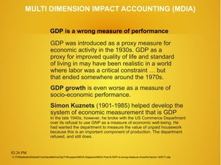 02:26 PM
MULTI DIMENSION IMPACT ACCOUNTING (MDIA)
GDP was introduced as a proxy measure for
economic activity in the 1930s. GDP as a
proxy for improved quality of life and standard
of living in may have been realistic in a world
where labor was a critical constraint … but
that ended somewhere around the 1970s.
GDP growth is even worse as a measure of
socio-economic performance.
Simon Kuznets (1901-1985) helped develop the
system of economic measurement that is GDP
In the late 1940s, however, he broke with the US Commerce Department
over its refusal to use GNP as a measure of economic well-being. He
had wanted the department to measure the value of unpaid housework
because this is an important component of production. The department
refused, and still does.
GDP is a wrong measure of performance
C:TVMwebsiteWebsiteTrueValueMetricsOrgTVM-papersMDIA-DiagramsMDIA-Pres-B-GDP-is-wrong-measure-of-performance-140517.odp
 