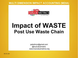 04:26 AM
peterbnyc@gmail.com
www.truevaluemetrics.org
MULTI DIMENSION IMPACT ACCOUNTING (MDIA)
Impact of WASTE
Post Use Waste Chain
@truevaluemetric
 