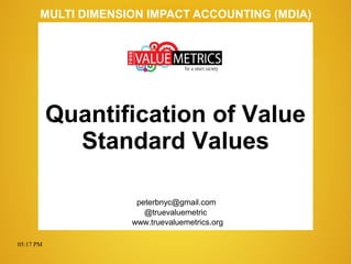 05:17 PM
peterbnyc@gmail.com
www.truevaluemetrics.org
MULTI DIMENSION IMPACT ACCOUNTING (MDIA)
Quantification of Value
Standard Values
@truevaluemetric
 