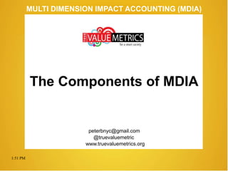 1:51 PM
peterbnyc@gmail.com
www.truevaluemetrics.org
MULTI DIMENSION IMPACT ACCOUNTING (MDIA)
The Components of MDIA
@truevaluemetric
 