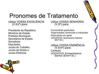 Pronomes de Tratamento   Utilize VOSSA EXCELÊNCIA (V.Exª) para: Presidente da República; Ministros de Estado  Prefeitos Municipais   Secretários de Estado   Senadores   Deputados   Juízes do Trabalho,  Juízes de Direito e  Juízes Eleitorais   Utilize VOSSA SENHORIA (V.Sª) para:   Funcionários graduados  Organizações comerciais e industriais   Particulares em geral    VOCATIVO: Ilustríssimo Senhor (Ilmº.Sr.)   Utilize VOSSA EMINÊNCIA (V.Emª) para:   Cardeais   VOCATIVO: Eminentíssimo Senhor (Emmº.Sr.) 