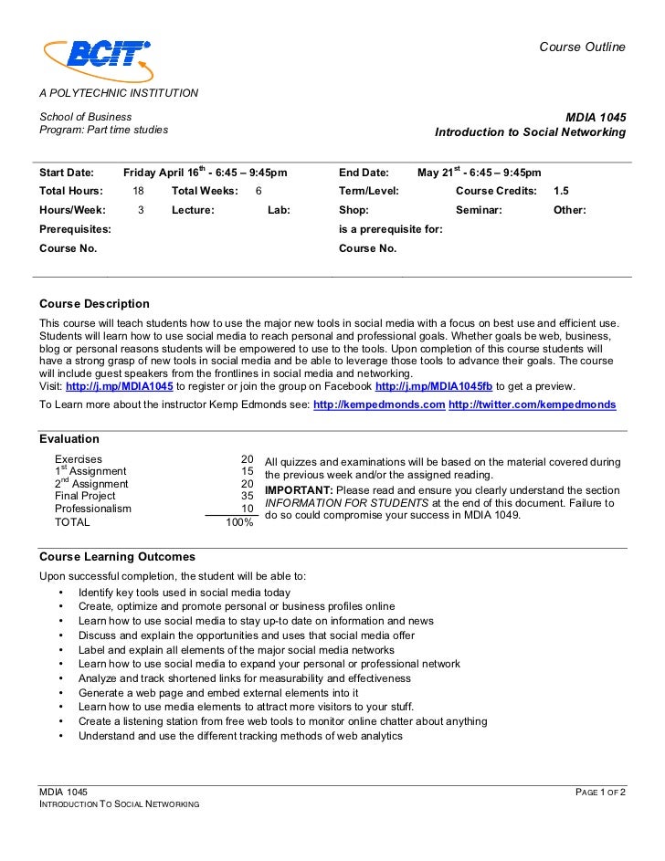 Introduction to Social Networking MDIA1045 Course Outline