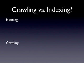 Crawling vs. Indexing?
Indexing:




Crawling:
 