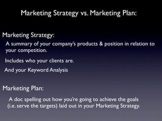 Marketing Strategy vs. Marketing Plan:

Marketing Strategy:
 A summary of your company’s products & position in relation to
 your competition.
 Includes who your clients are.
And your Keyword Analysis


Marketing Plan:
  A doc spelling out how you’re going to achieve the goals
 (i.e. serve the targets) laid out in your Marketing Strategy.
 