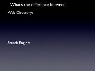 What’s the difference between...
Web Directory:




Search Engine:
 