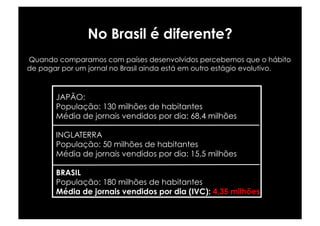 No Brasil é diferente?
Quando comparamos com países desenvolvidos percebemos que o hábito
de pagar por um jornal no Brasil ainda está em outro estágio evolutivo.



       JAPÃO:
       População: 130 milhões de habitantes
       Média de jornais vendidos por dia: 68,4 milhões

       INGLATERRA
       População: 50 milhões de habitantes
       Média de jornais vendidos por dia: 15,5 milhões

       BRASIL
       População: 180 milhões de habitantes
       Média de jornais vendidos por dia (IVC): 4,35 milhões
 