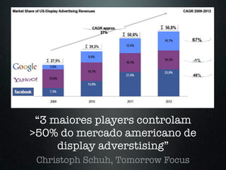 “3 maiores players controlam
>50% do mercado americano de
     display adverstising”
 Christoph Schuh, Tomorrow Focus
 