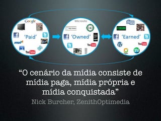 “O cenário da mídia consiste de
  mídia paga, mídia própria e
      mídia conquistada”
   Nick Burcher, ZenithOptimedia
 