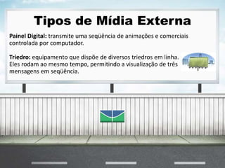 Tipos de Mídia Externa
Painel Digital: transmite uma seqüência de animações e comerciais
controlada por computador.
Triedro: equipamento que dispõe de diversos triedros em linha.
Eles rodam ao mesmo tempo, permitindo a visualização de três
mensagens em seqüência.
 