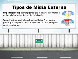 Tipos de Mídia Externa
Empena (prédios): painel gigante que se adapta às dimensões
de lateral de prédios de grande visibilidade.
Topo: letreiro ou painel no alto de edifícios. A legislação
proíbe que um prédio tenha publicidade no topo e empena
ao mesmo tempo.
 