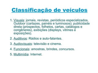 Classificação de veículos 1.  Visuais : jornais, revistas, periódicos especializados, Outdoor (cartazes, painéis e luminosos); publicidade direta (prospectos, folhetos, cartas, catálogos e congêneres), exibições (displays, vitrines e exposições). 2.  Auditivos : Rádios e auto-falantes. 3.  Audiovisuais : televisão e cinema. 4.  Funcionais : amostras, brindes, concursos. 5.  Multimídia : Internet. 