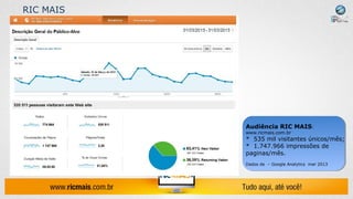 A FERRAMENTA DE WEB ANÁLISES DO GOOGLE
• A Pós-Clique oferece suporte de inteligência, relatórios e extração e interpretação de
dados através do Google Analytics afim de avaliar e entender os resultados das
campanhas e de todas as ações publicitárias que convergem em seu site.
• O Google Analytics fornece informações importantes e precisas sobre o desempenho do
site. Com ele, pode-se averiguar entre outras coisas a Taxa de Rejeição do site, páginas
visitadas e separar acessos únicos, acessos diretos, acessos pela campanha de links entre
outros.
Google Analytics
 