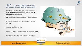 RIC – Um dos maiores Grupos
Regionais de Comunicação do País.
Plataforma multimídia, cobrindo uma área
de 5 milhões de domicílios e mais de 16
milhões de habitantes.

11 Emissoras de TV afiliadas à Rede Record.

4 Emissoras de rádio: Record AM e Jovem
Pan FM.

Jornais: Notícias do dia.


Portal RICMAIS: Informações de todo PR e SC.


Projetos Multimídia: It’s e Dance Paradise.
 