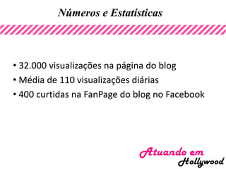 Números e Estatísticas
• 32.000 visualizações na página do blog
• Média de 110 visualizações diárias
• 400 curtidas na FanPage do blog no Facebook
 
