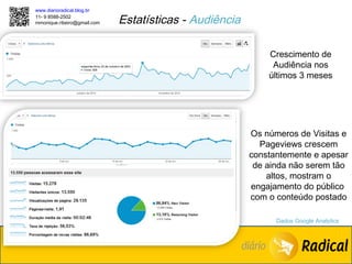 www.diarioradical.blog.br
11- 9 8588-2502
mmonique.ribeiro@gmail.com   Estatísticas - Audiência

                                                            Crescimento de
                                                             Audiência nos
                                                            últimos 3 meses




                                                        Os números de Visitas e
                                                          Pageviews crescem
                                                        constantemente e apesar
                                                         de ainda não serem tão
                                                            altos, mostram o
                                                        engajamento do público
                                                        com o conteúdo postado

                                                              Dados Google Analytics
 