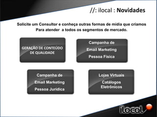 //: ilocal : Novidades

Solicite um Consultor e conheça outras formas de mídia que criamos
          Para atender a todos os segmentos de mercado.


                                    Campanha de
  GERAÇÃO DE CONTEÚDO              Email Marketing
      DE QUALIDADE
                                    Pessoa Física



          Campanha de                    Lojas Virtuais
        Email Marketing                   Catálogos
                                          Eletrônicos
         Pessoa Jurídica
 