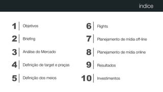 Objetivos
Brieﬁng
Análise do Mercado
Deﬁnição de target e praças
Deﬁnição dos meios
índice
Flights
Planejamento de mídia o...