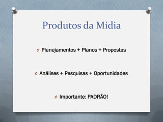 Produtos da Mídia
O Planejamentos + Planos + Propostas

O Análises + Pesquisas + Oportunidades

O Importante: PADRÃO!

 