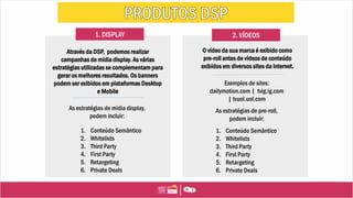 1. DISPLAY
Através da DSP, podemos realizar
campanhas de mídia display. As várias
estratégias utilizadas se complementam para
gerar os melhores resultados. Os banners
podem ser exibidos em plataformas Desktop
e Mobile
2. VÍDEOS
O vídeo da sua marca é exibido como
pre-roll antes de vídeos de conteúdo
exibidos em diversos sites da Internet.
As estratégias de mídia display,
podem incluir:
1. Conteúdo Semântico
2. Whitelists
3. Third Party
4. First Party
5. Retargeting
6. Private Deals
Exemplos de sites:
dailymotion.com | tvig.ig.com
| tvuol.uol.com
As estratégias de pre-roll,
podem incluir:
1. Conteúdo Semântico
2. Whitelists
3. Third Party
4. First Party
5. Retargeting
6. Private Deals
 