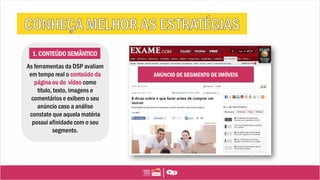 1. CONTEÚDO SEMÂNTICO
As ferramentas da DSP avaliam
em tempo real o conteúdo da
página ou do vídeo como
título, texto, imagens e
comentários e exibem o seu
anúncio caso a análise
constate que aquela matéria
possui afinidade com o seu
segmento.
ANÚNCIO DE SEGMENTO DE IMÓVEIS
 