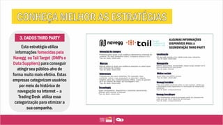 3. DADOS THIRD PARTY
Esta estratégia utiliza
informações fornecidas pela
Navegg ou Tail Target (DMPs e
Data Suppliers) para conseguir
atingir seu público-alvo de
forma muito mais efetiva. Estas
empresas categorizam usuários
por meio do histórico de
navegação na Internet – a
Trading Desk utiliza essa
categorização para otimizar a
sua campanha.
ALGUMAS INFORMAÇÕES
DISPONÍVEIS PARA A
SEGMENTAÇÃO THIRD PARTY
 