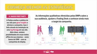 4. DADOS FIRST PARTY
A Publya analisa o público do
seu site para gerar insights e
otimizar a campanha. Isso é
feito através da instalação de
uma tag Navegg em seu site.
Além disso, existem
possibilidades de cruzar dados
offline da sua empresa – como
banco de CRM – com as
campanhas de display.
As informações qualitativas oferecidas pelas DMPs sobre a
sua audiência, ajudam a Trading Desk a conhecer ainda mais
o target da campanha.
 